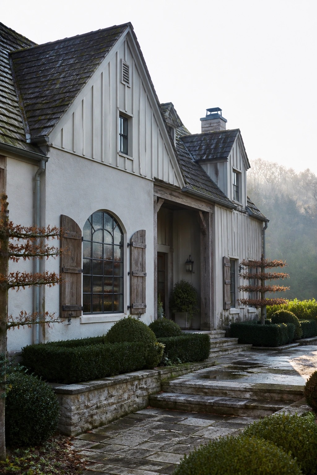 A white farmhouse with a gabled roof, arched window with wooden shutters, and an entry covered by exposed timber beams.