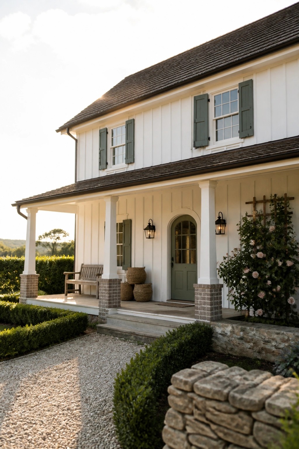 A two-story white farmhouse exterior with green shutters, a covered porch, and an arched front door.