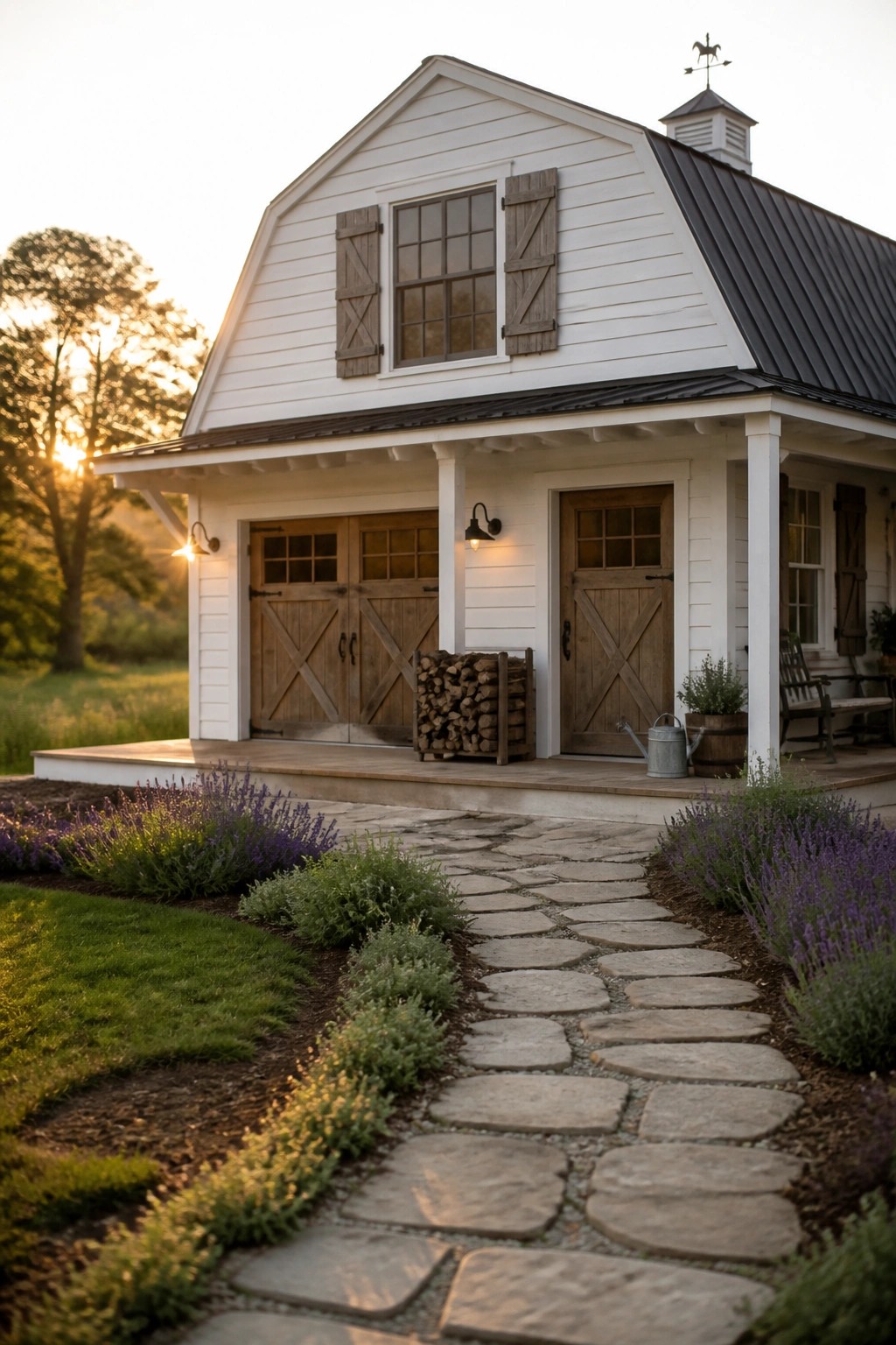 White barn-style house with wooden doors, stone path, and purple flowers at sunset.