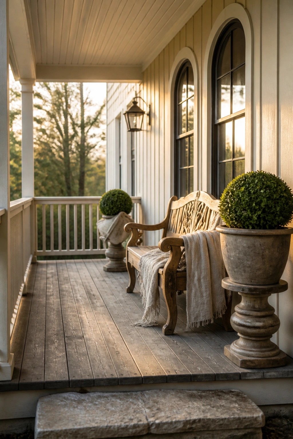 A wooden bench with a draped throw sits on a farmhouse porch between two large potted shrubs in stone planters.