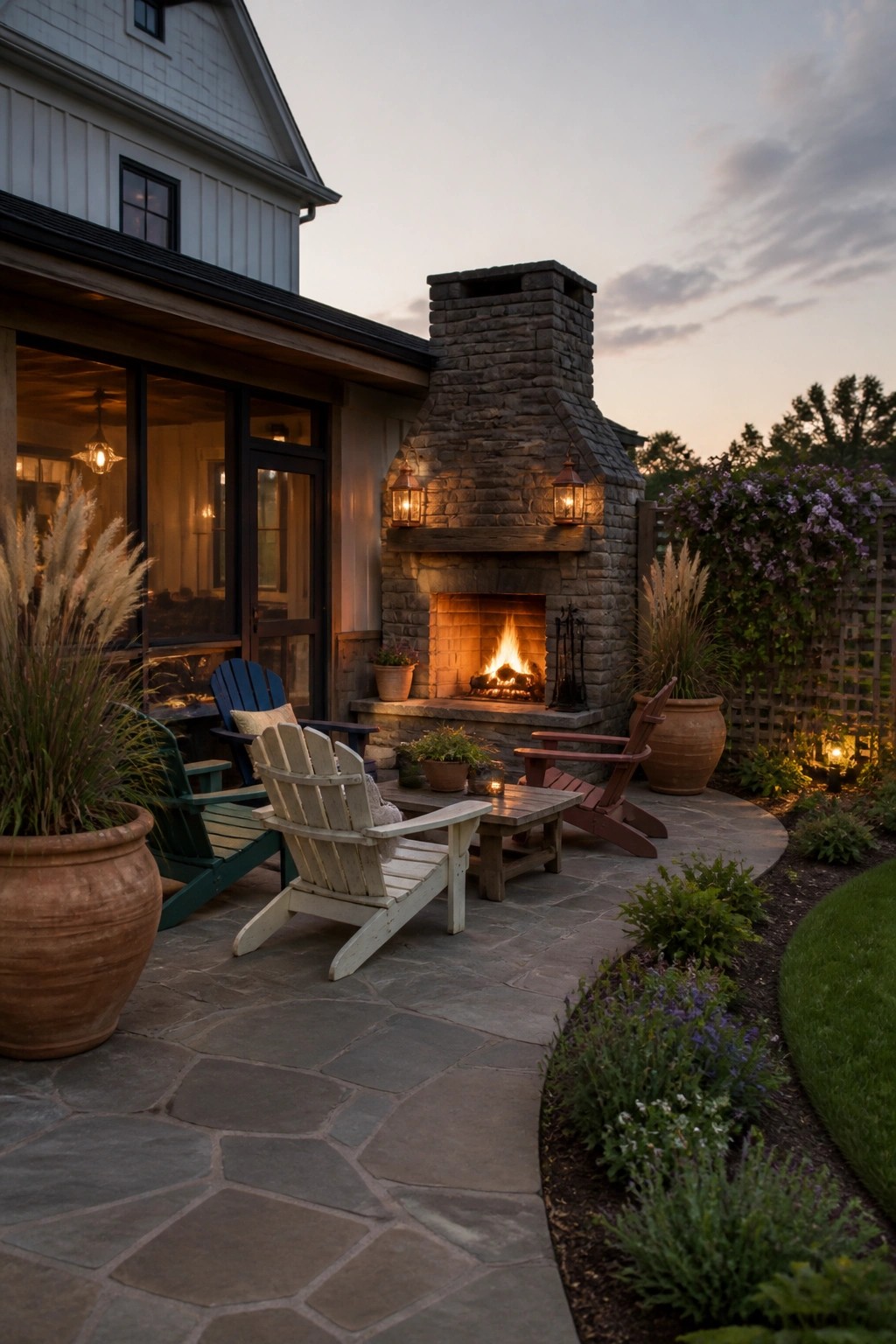 A large stone outdoor fireplace with a burning fire is centered on a flagstone patio, surrounded by wooden Adirondack chairs and large terracotta pots next to a house with white siding.
