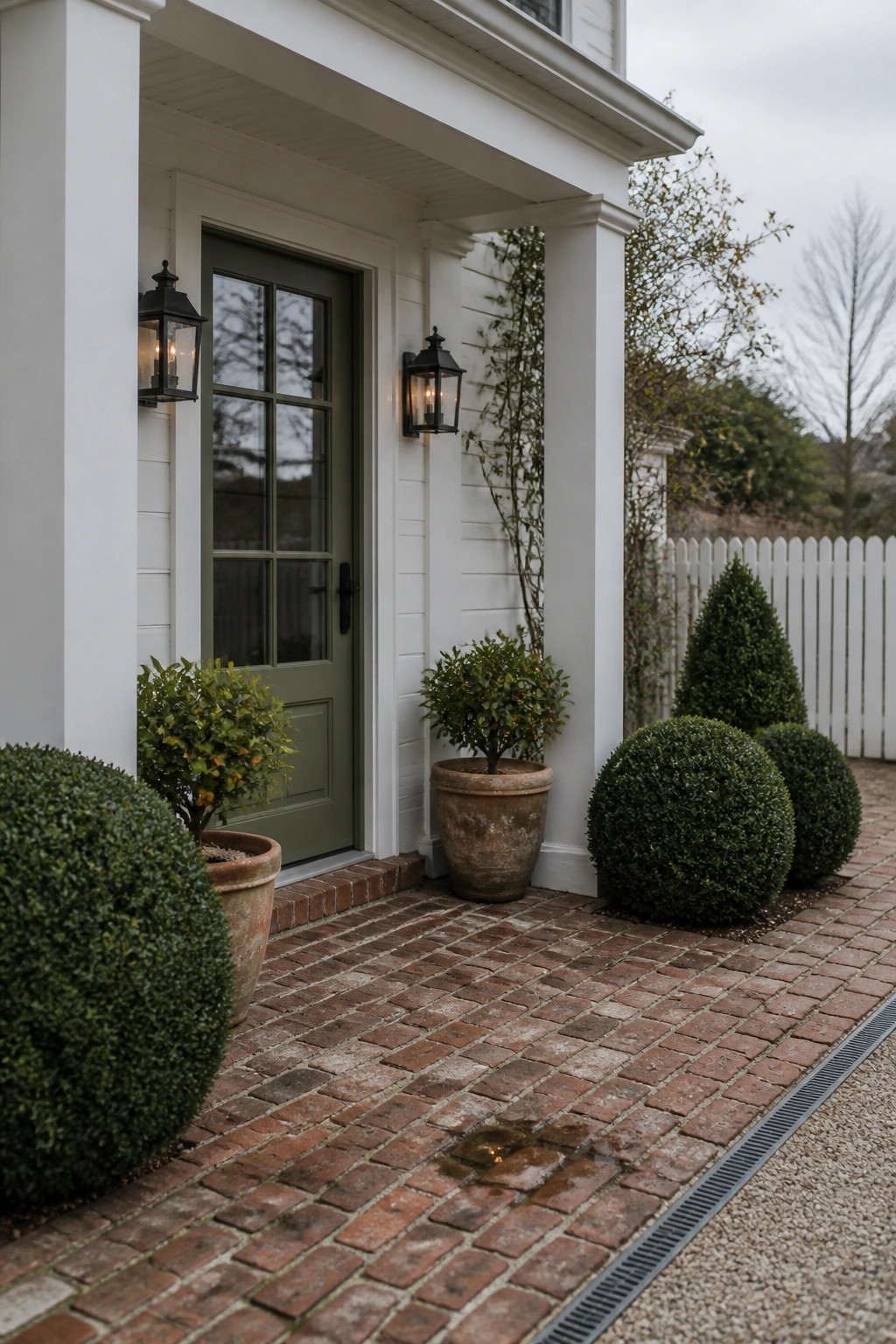 White porch with green door, black lanterns, potted shrubs, and brick walkway