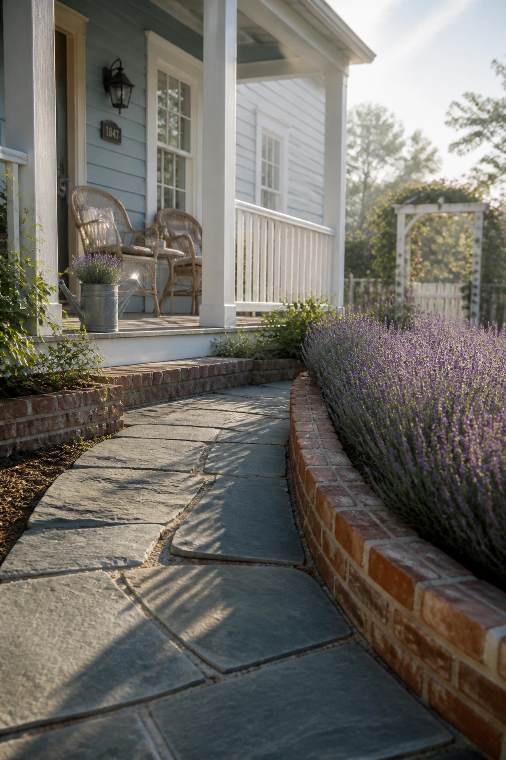 Stone path edged with lavender and bricks leads to blue house porch with chairs