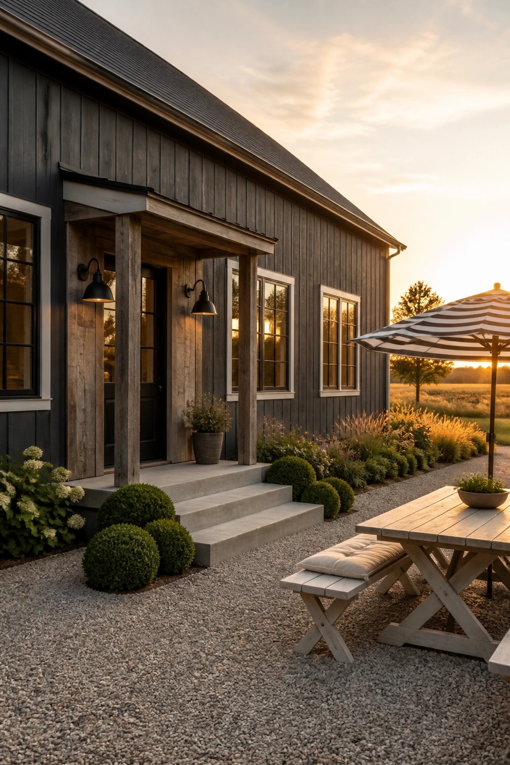 Modern dark gray farmhouse with porch, picnic table, umbrella, and golden sunset glow.