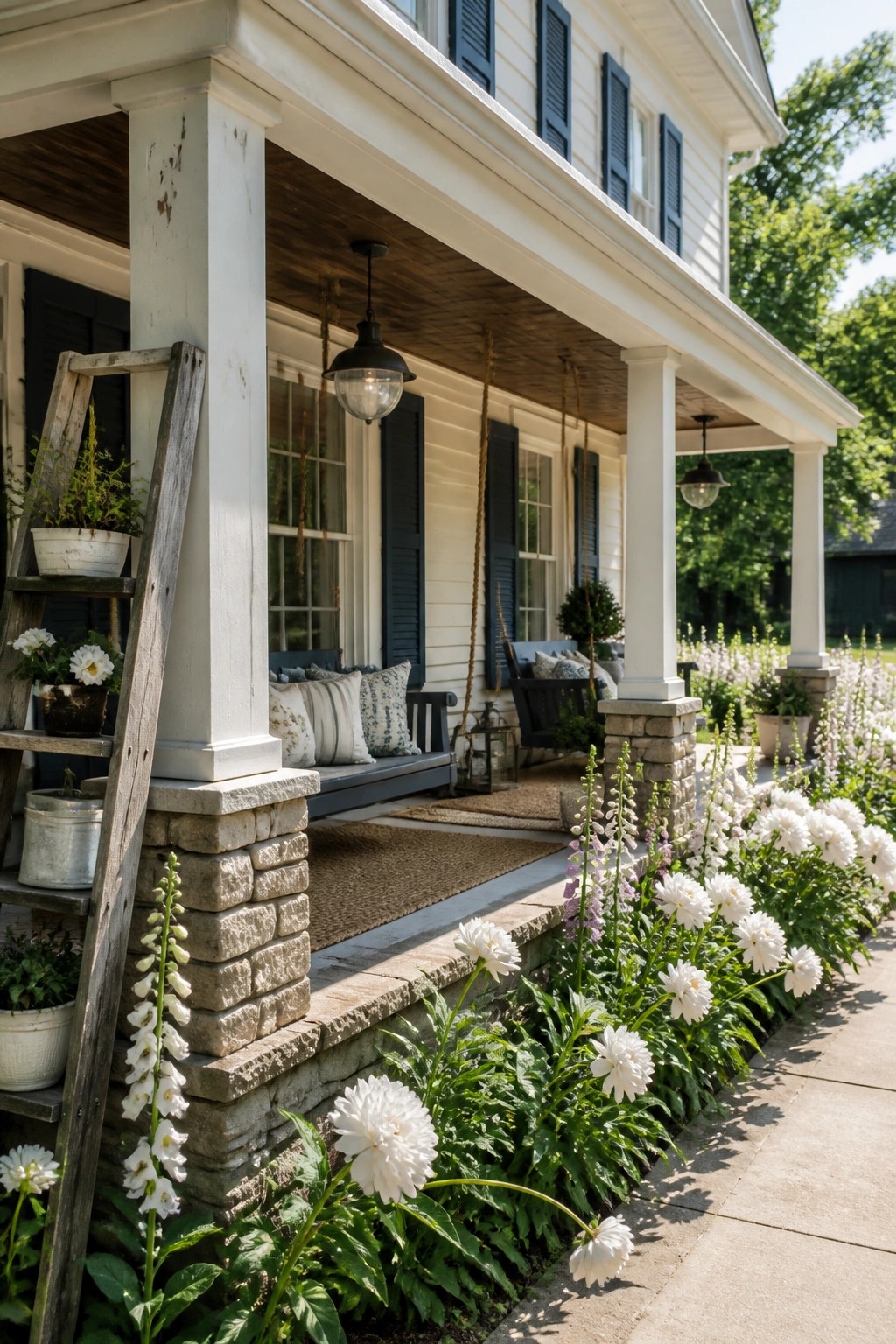 A white farmhouse porch with stone column bases, a wooden ladder holding potted plants on the left, and a garden bed of white flowers along the walkway.