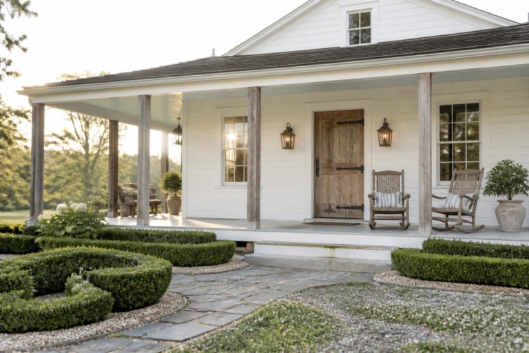 White farmhouse porch with wicker rockers, stone path, and boxwood hedges