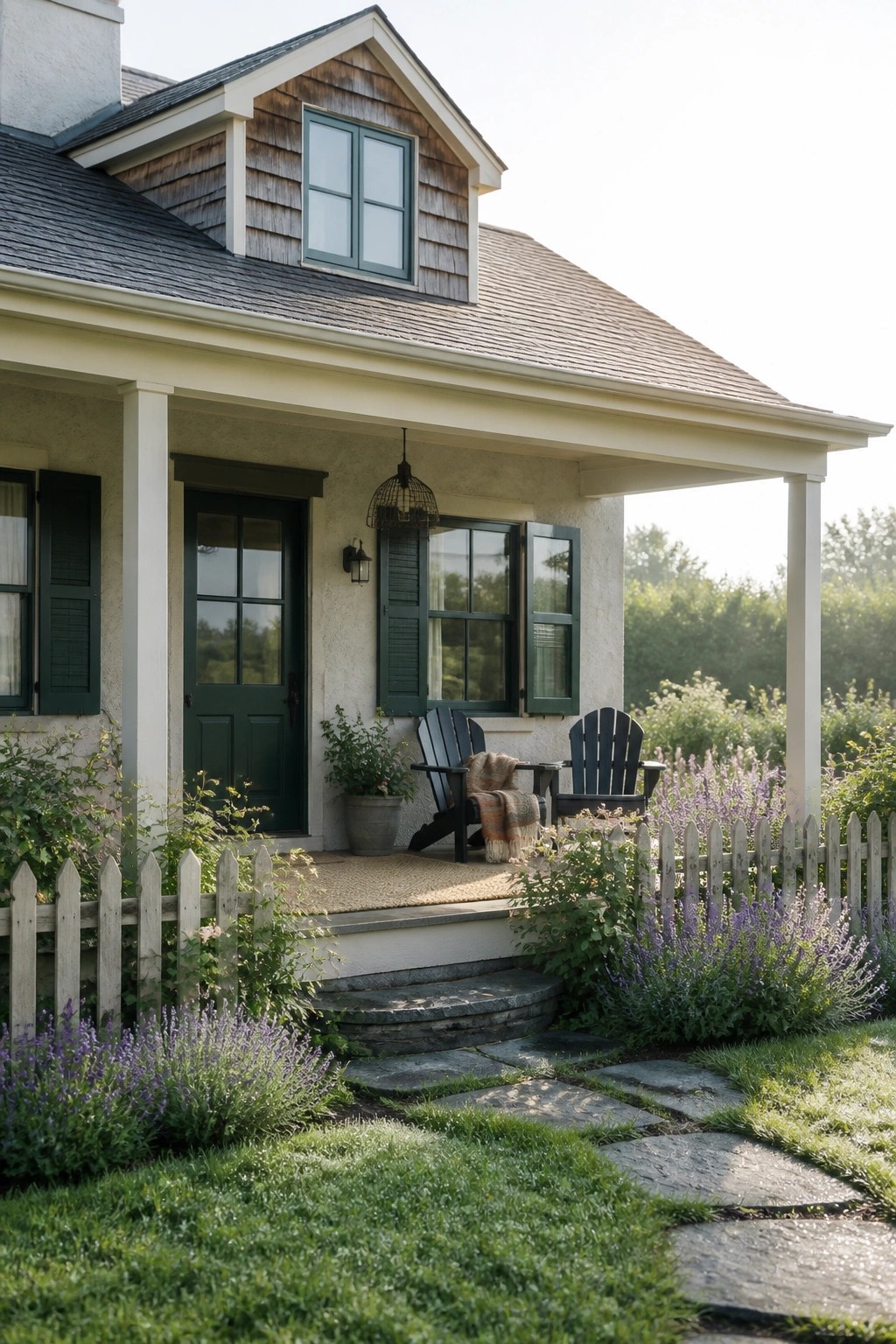 Front view of a cream-colored farmhouse with dark green door and shutters, a covered porch holding two Adirondack chairs, a white picket fence, lavender plantings, and a stone walkway.