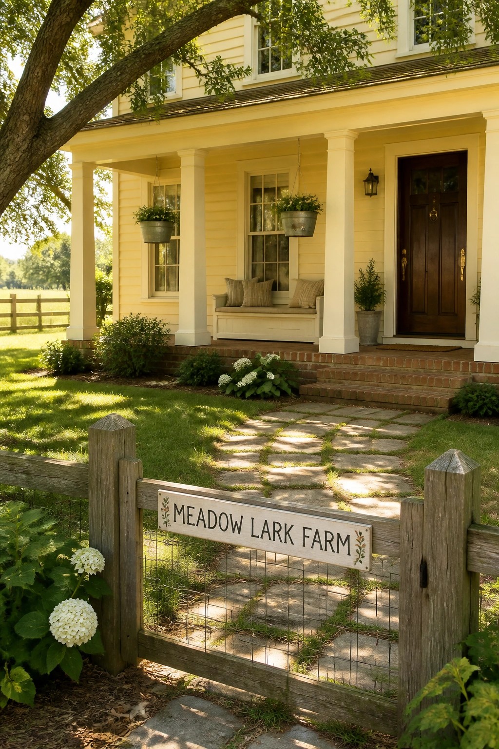 A yellow farmhouse exterior with white columns, a brick porch, and a stone pathway leading through a wooden gate with a sign that reads Meadow Lark Farm.