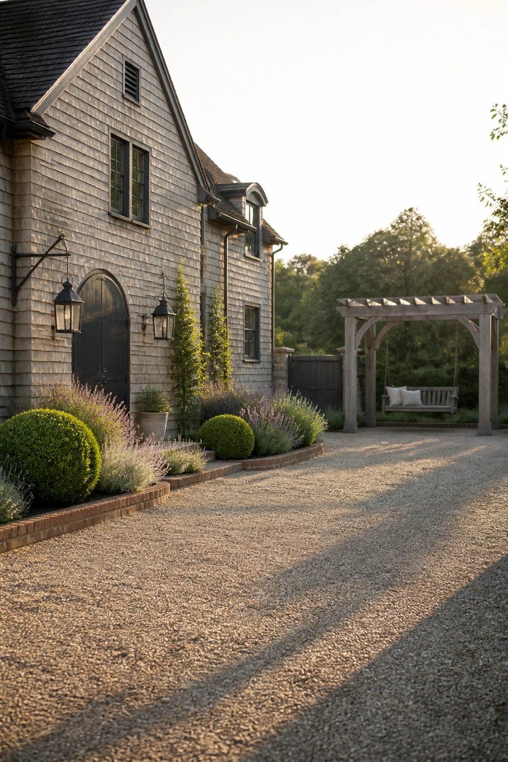 A gravel driveway with brick edging runs alongside a shingled house with an arched door and leads toward a wooden pergola with a bench swing.