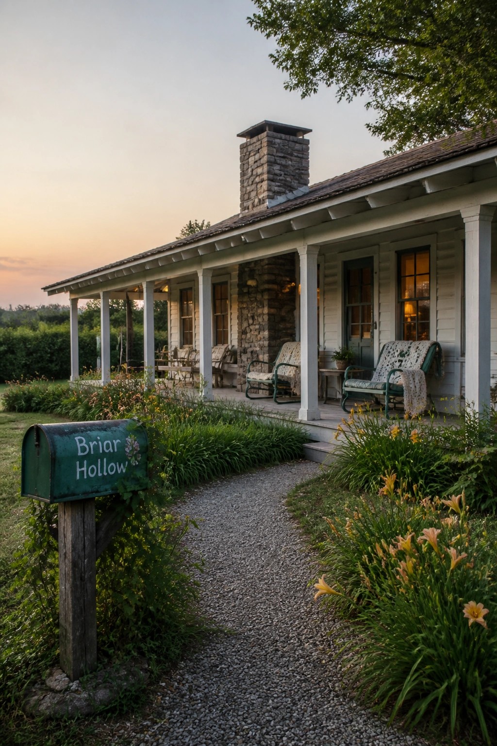 A white farmhouse with a stone chimney and front porch is shown at the end of a curving gravel path, with a green mailbox labeled Briar Hollow in the foreground and flowers growing along the edges.