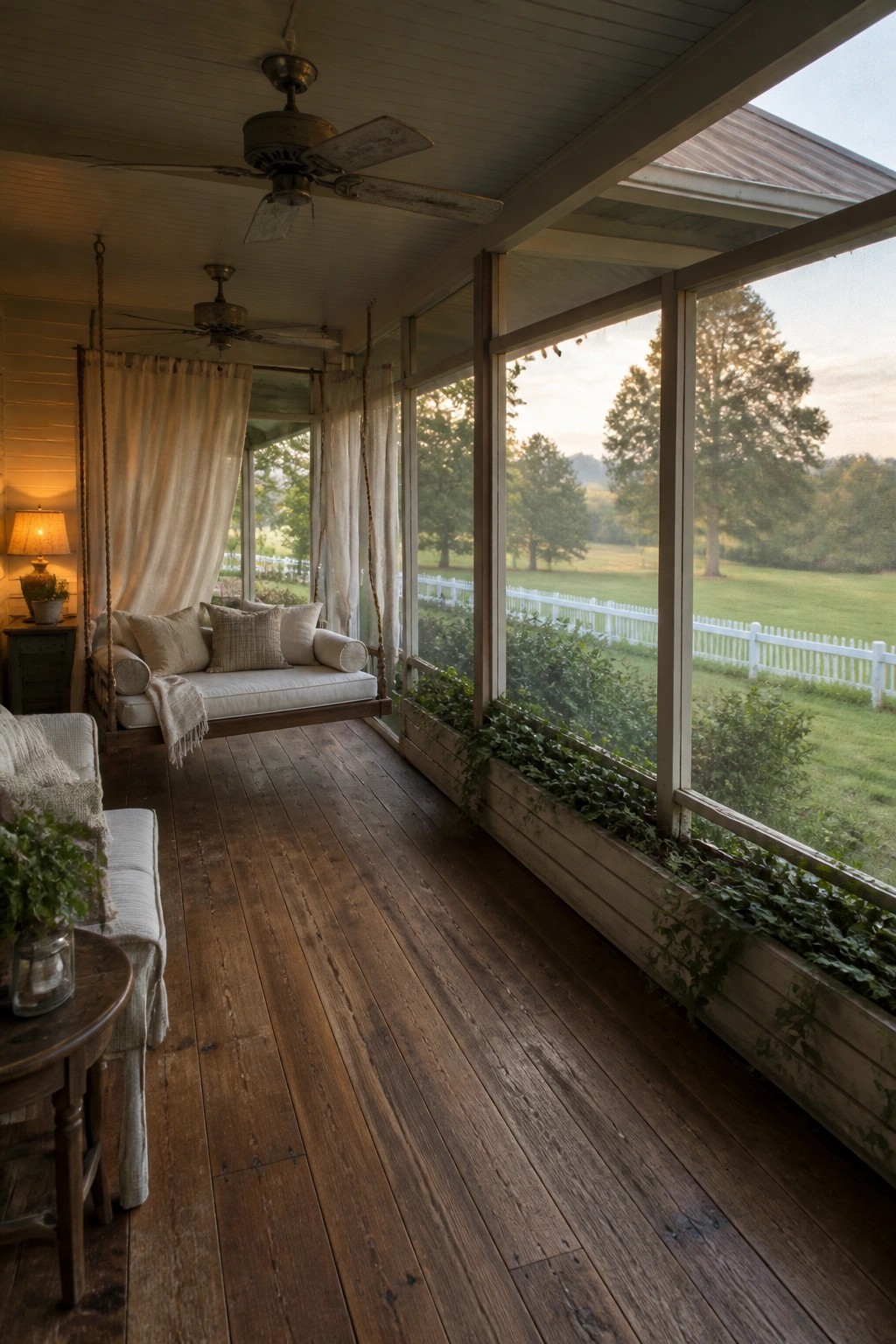 A screened porch with a wooden hanging swing, ceiling fans, and large windows overlooking a green field and white fence.