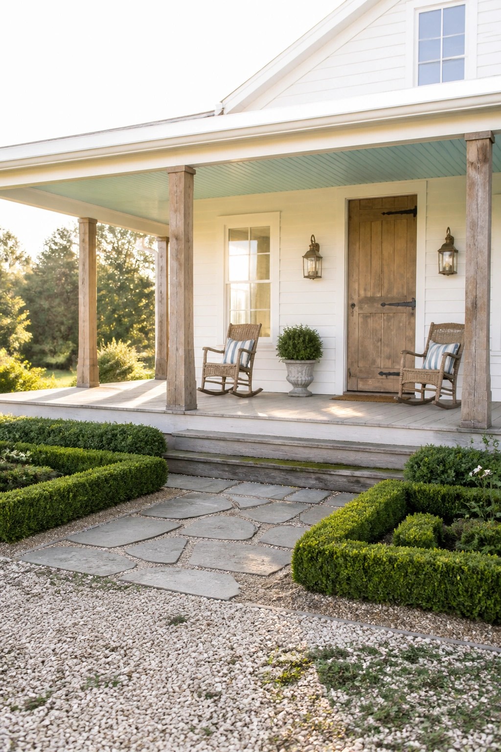 White farmhouse porch with wicker rockers, stone path, and boxwood hedges