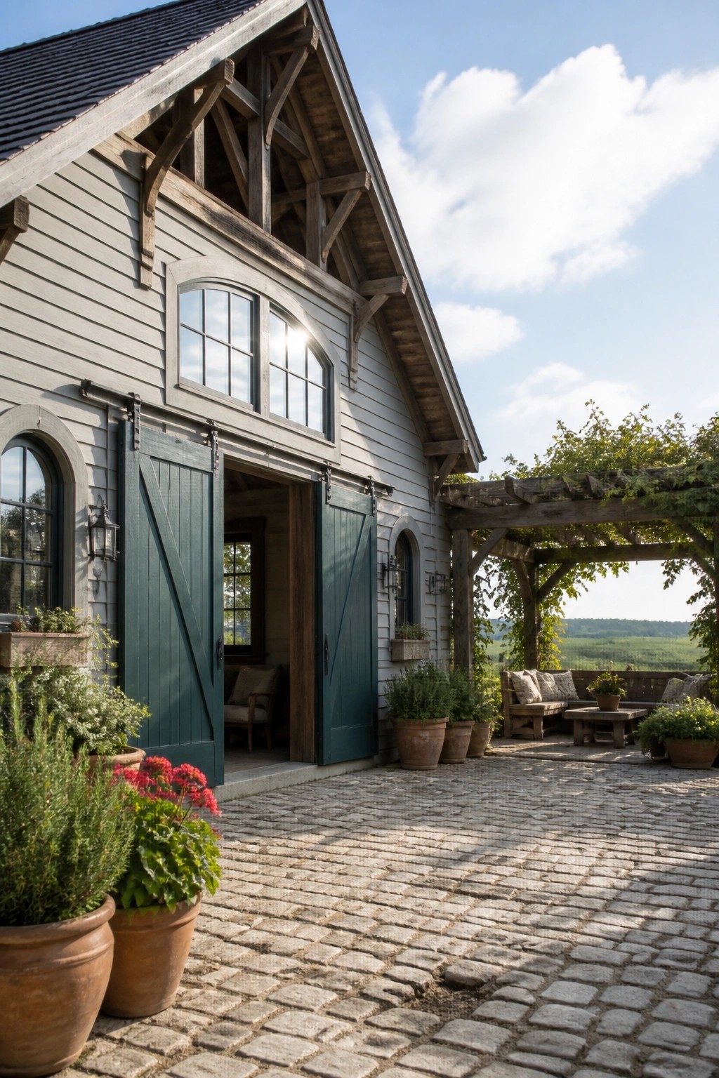 A gray wooden farmhouse with large green sliding barn doors partially open, exposing interior seating, surrounded by potted plants on a cobblestone courtyard with a wooden pergola nearby.