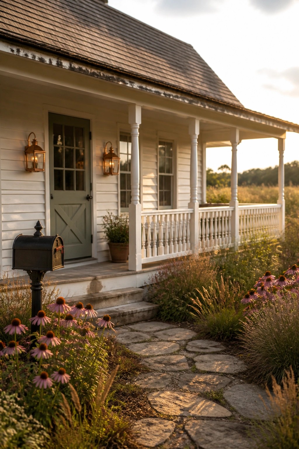 A white farmhouse exterior with a green door, front porch, black mailbox, and a flagstone path running through pink coneflowers toward the steps.