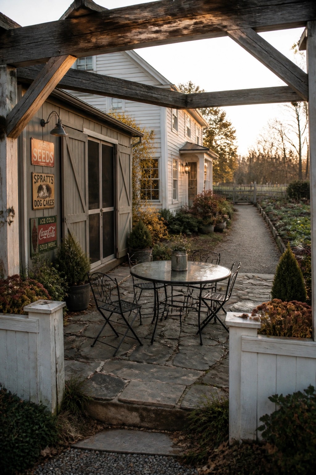 A round metal table with four chairs sits on a flagstone patio under a wooden pergola next to a gray farmhouse with vintage signs on the wall.