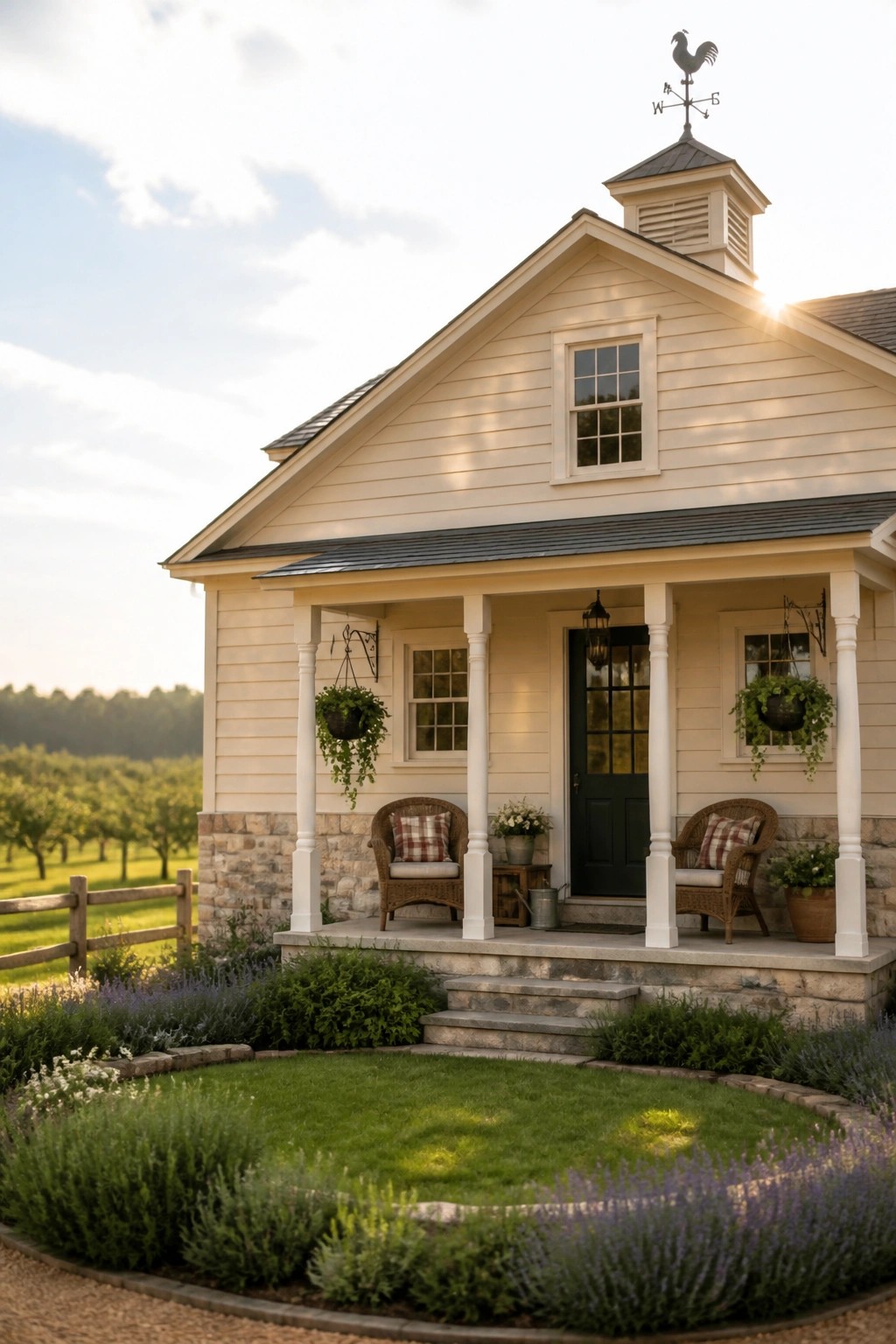 A pale yellow farmhouse with white trim, a stone foundation, dark green door, and a circular front lawn bordered by lavender and low shrubs.