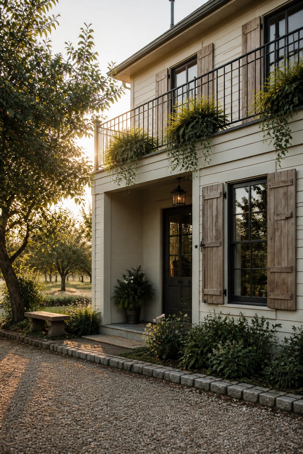 A two-story cream farmhouse with wooden shutters on multiple windows, a black metal balcony railing with hanging plants, a covered entry porch, and a gravel driveway bordered by stone edging.
