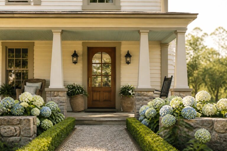 The front of a house with soft pale yellow siding and white trim.