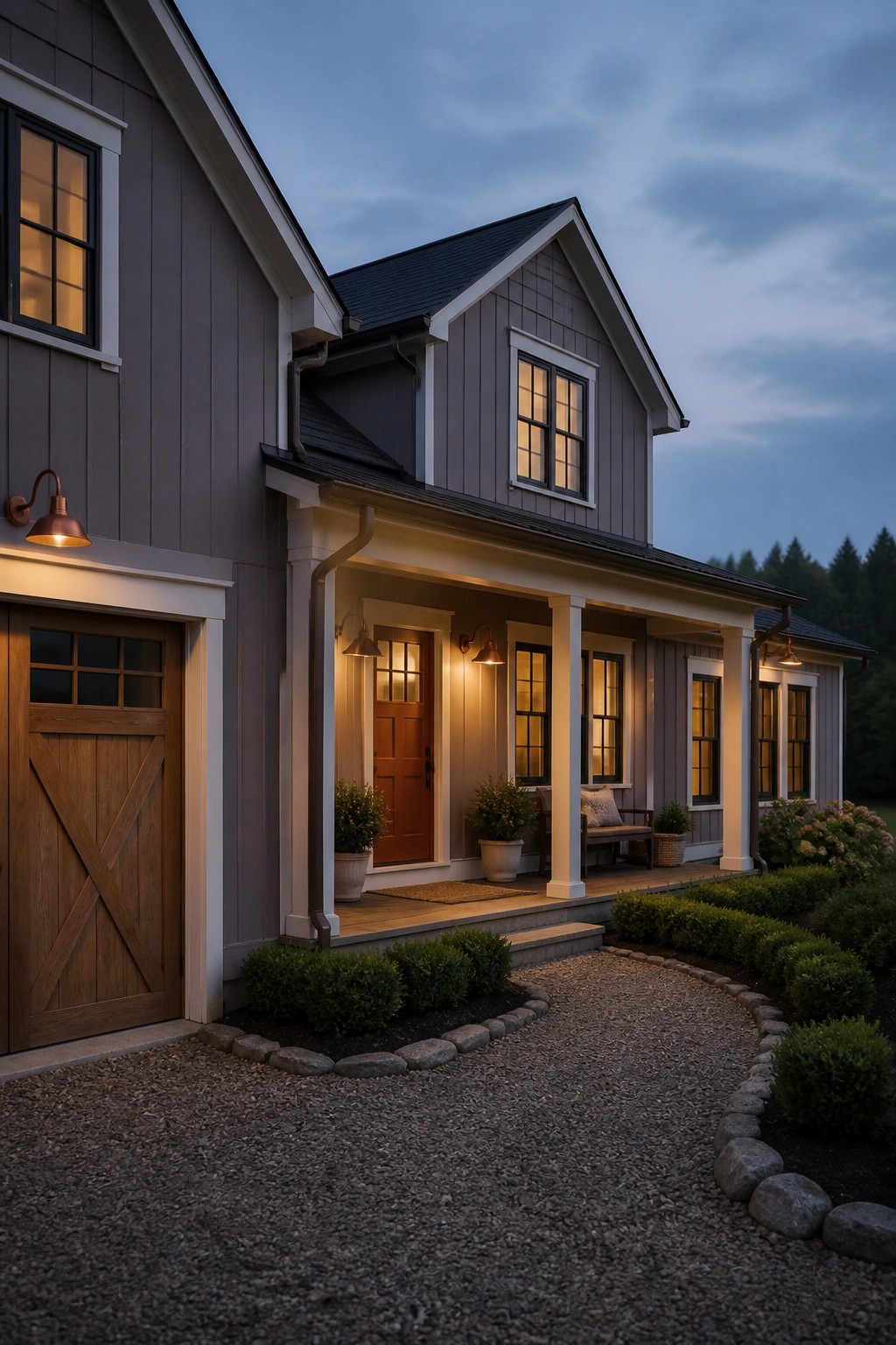 A farmhouse exterior with muted gray siding and white trim.