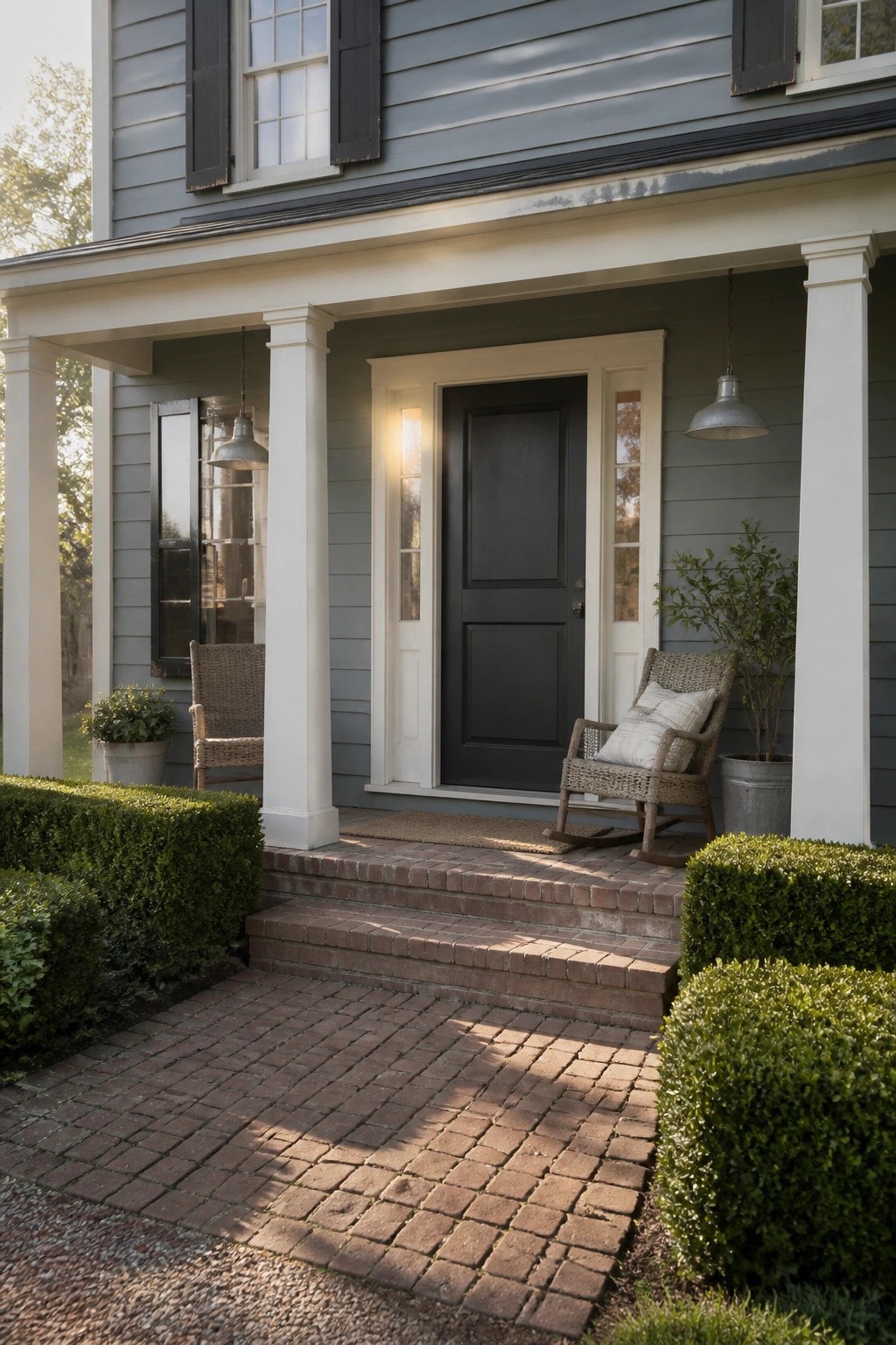 Gray house porch with black door, wicker chairs, white columns, and brick steps.