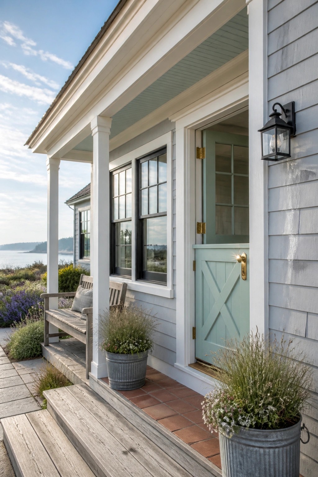 Light blue gray siding on a farmhouse exterior with white trim and a mint green door.