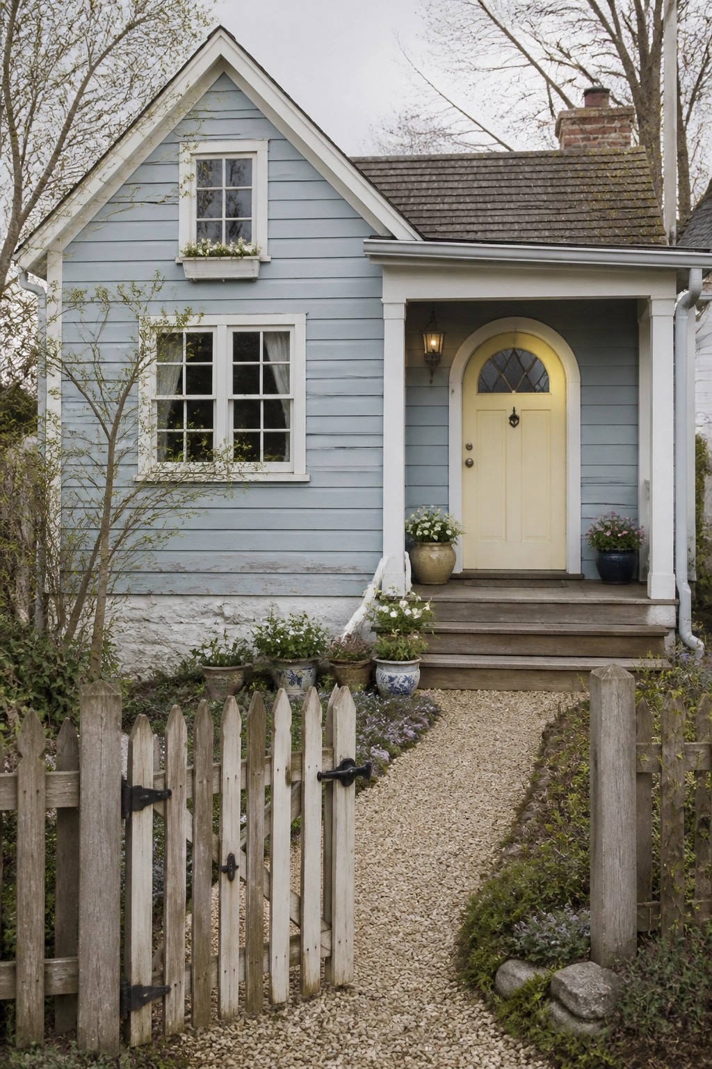 A house exterior with soft blue-gray siding and white trim.