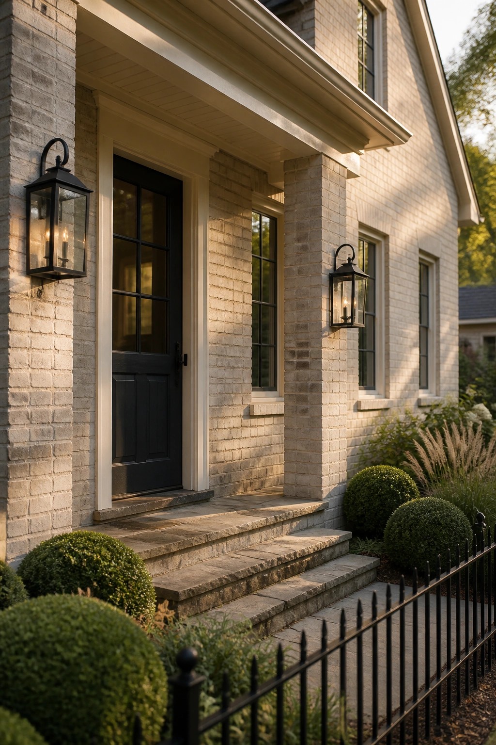 Light greige brick on a farmhouse exterior with stone steps and black lanterns.