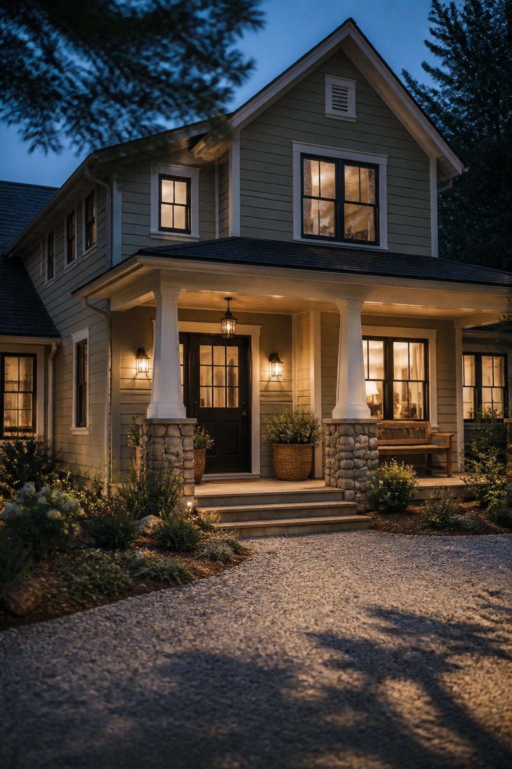 Light greige siding on a two-story farmhouse with stone porch columns.
