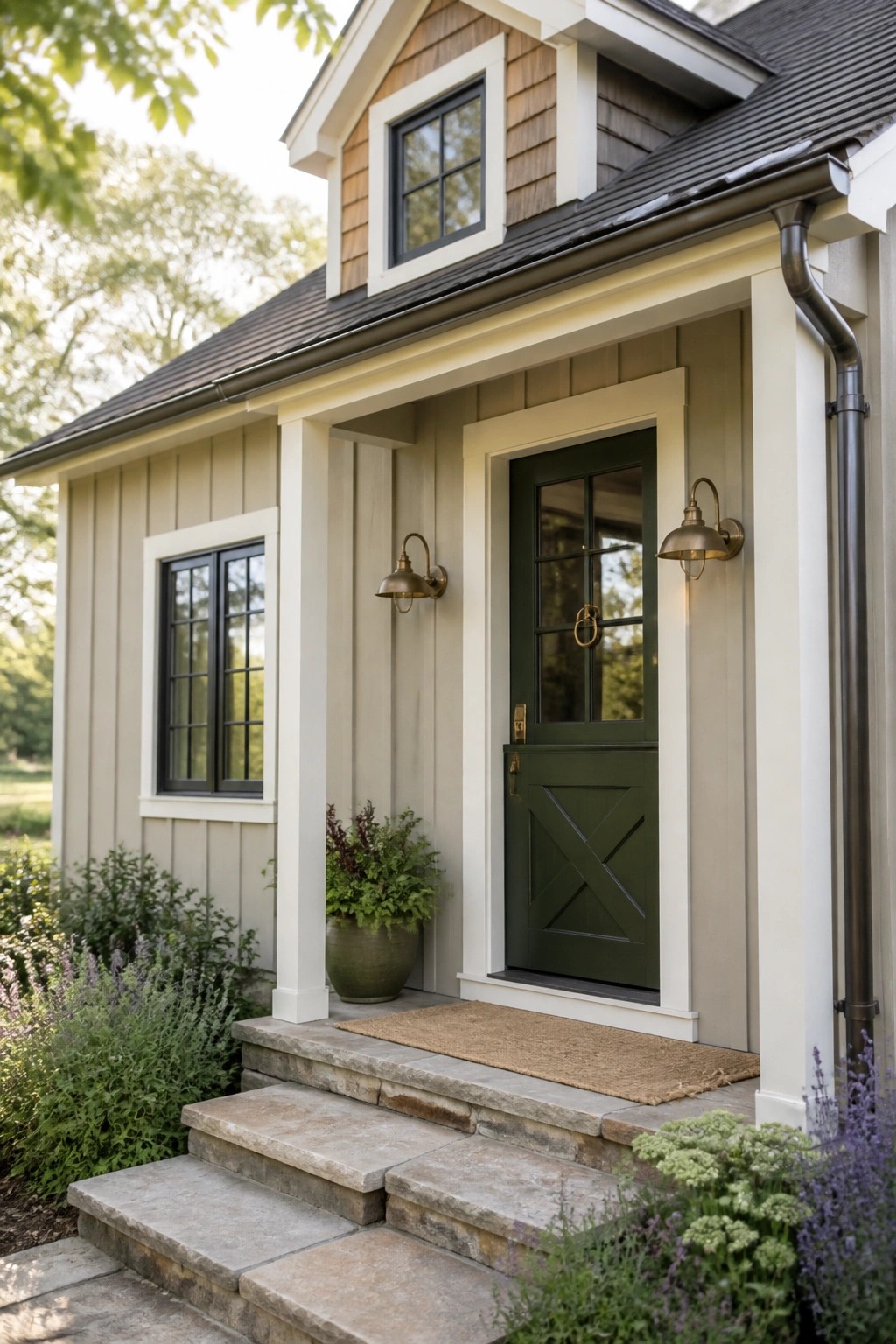 A farmhouse exterior painted in soft greige siding with white trim.