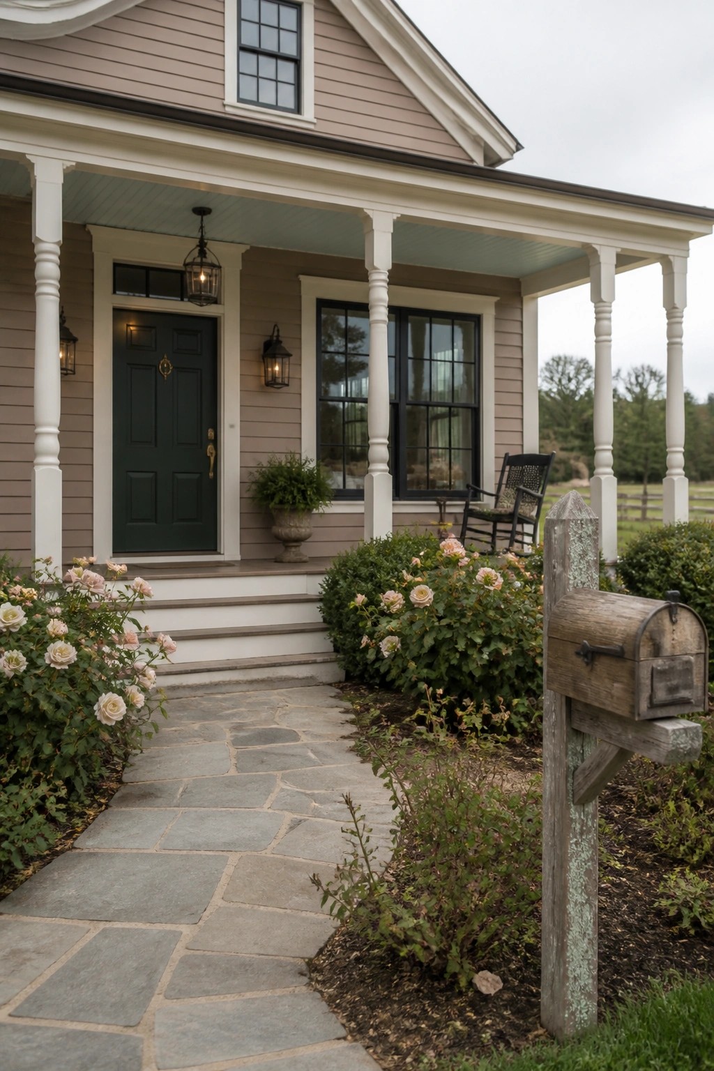 Farmhouse exterior with soft greige siding and white trim.