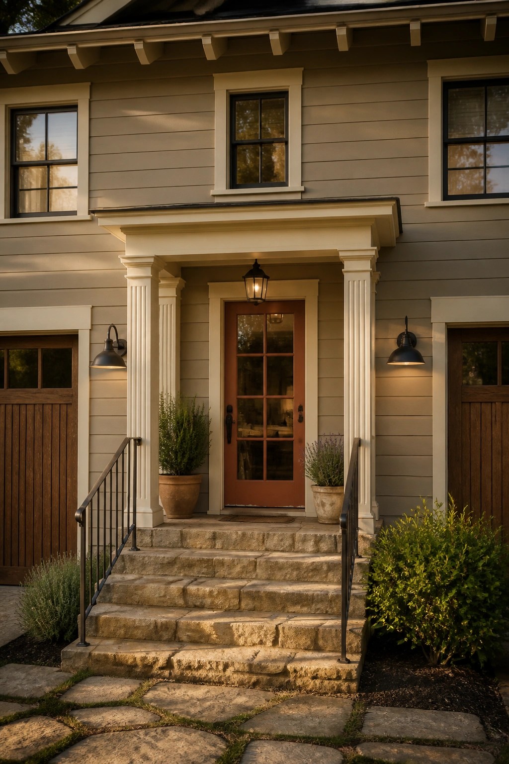 A farmhouse exterior with soft greige siding, white trim, and stone steps.