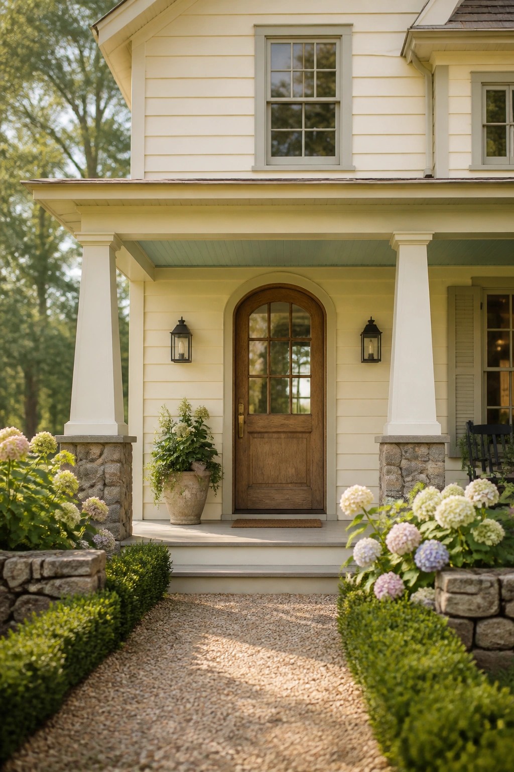 The front of a house with soft pale yellow siding and white trim.