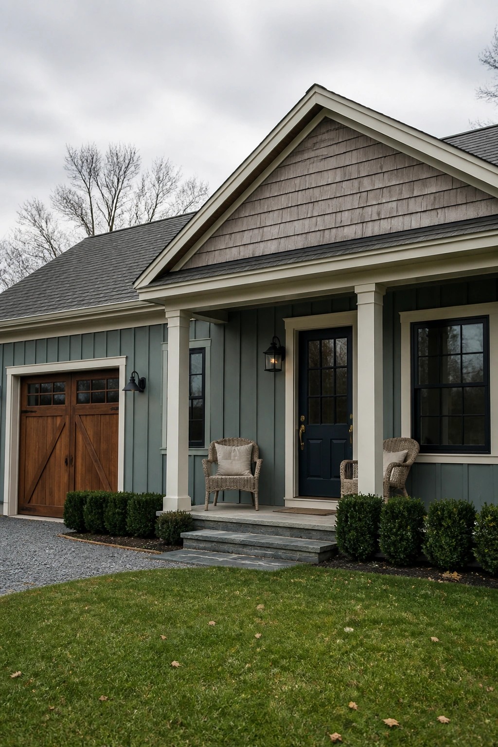 Gray house with blue door, wicker porch chairs, wooden garage, green lawn