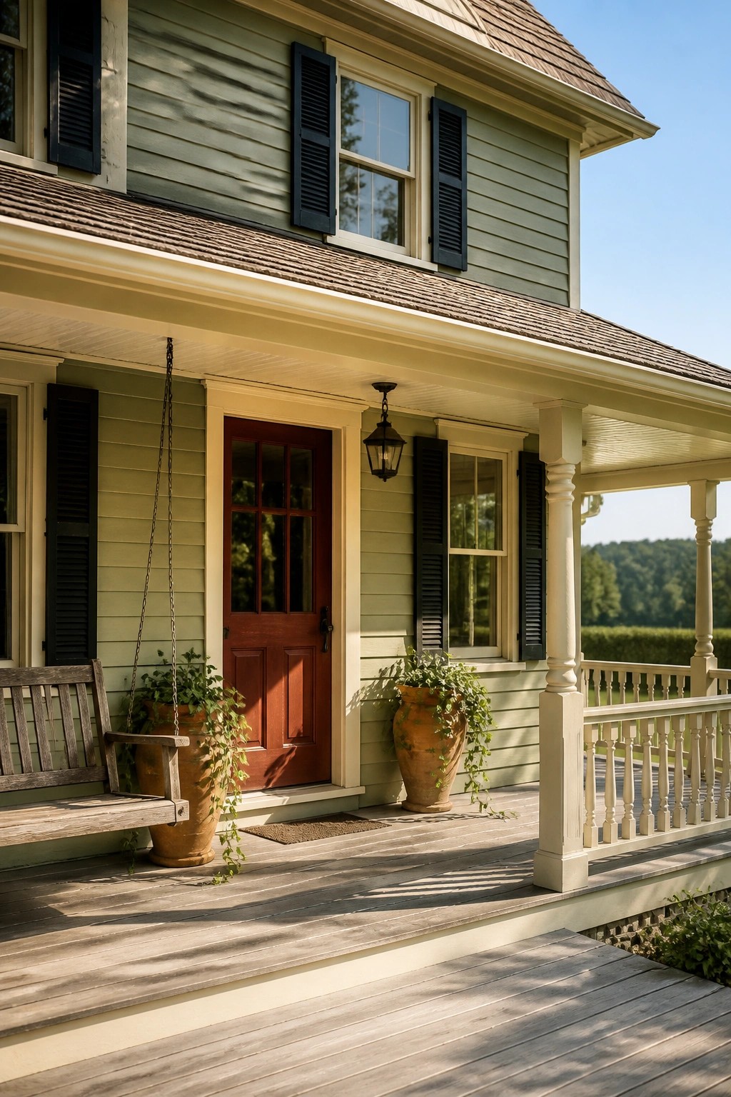A farmhouse exterior painted in soft sage green siding with a wooden porch.