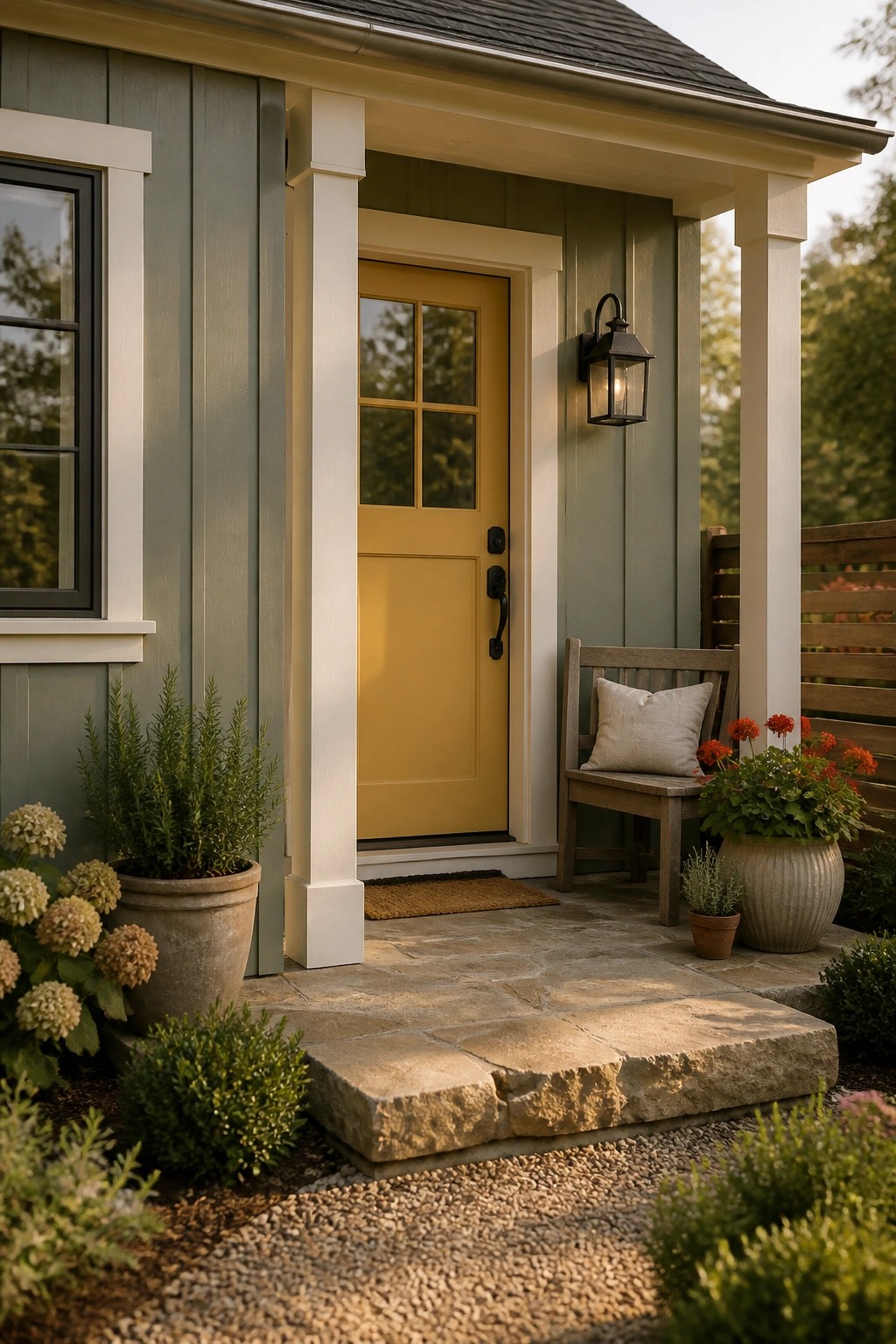 Farmhouse exterior with soft sage green siding and white trim.