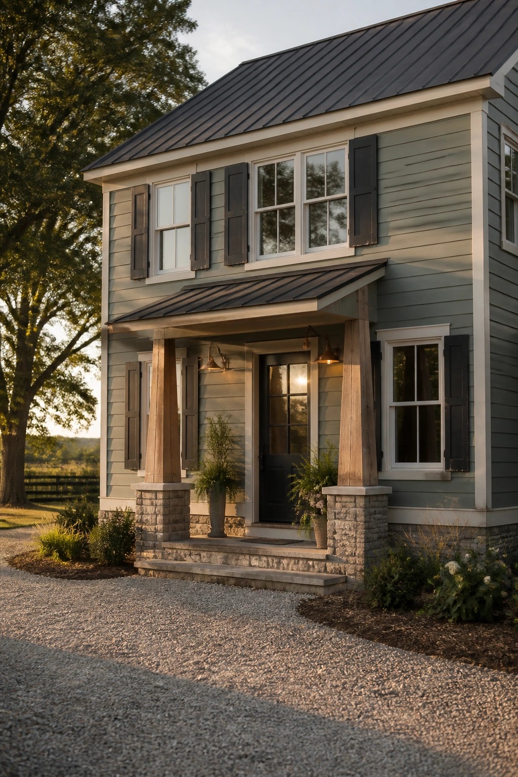 A farmhouse with soft sage green siding and a dark metal roof.