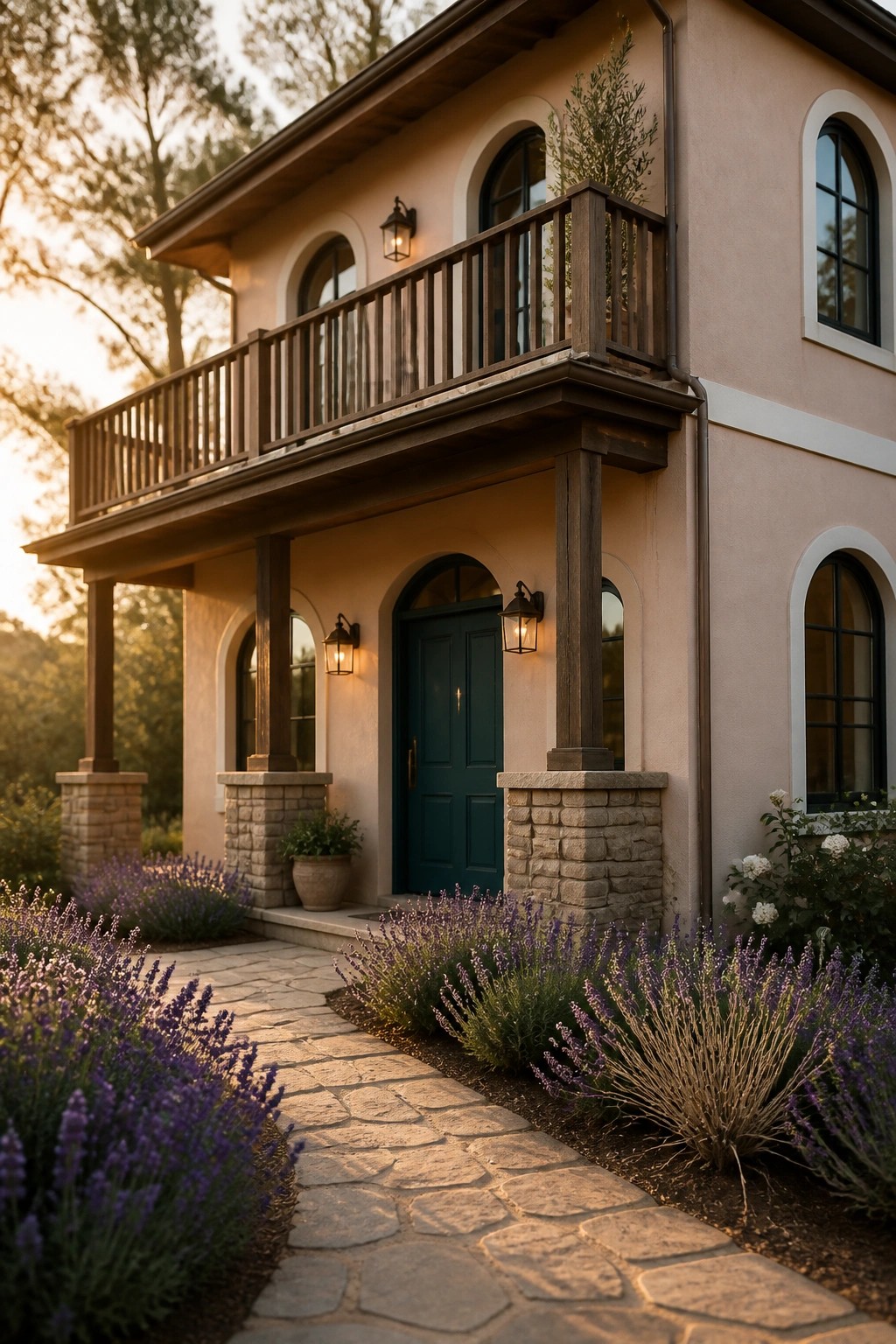 Farmhouse exterior with soft terracotta beige siding and wood balcony.