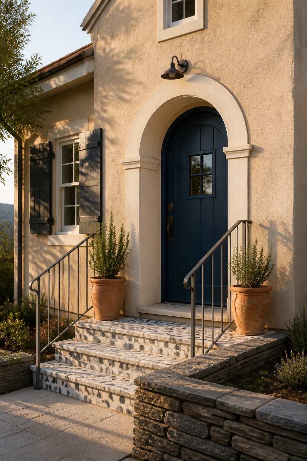Farmhouse exterior with warm beige stucco walls and stone steps.