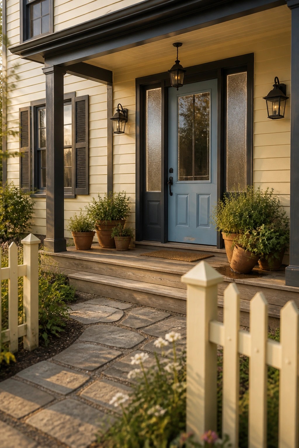 Farmhouse exterior with soft warm cream siding.