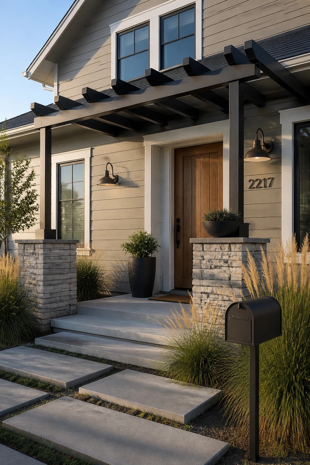 A farmhouse with light greige siding and a wooden front door.