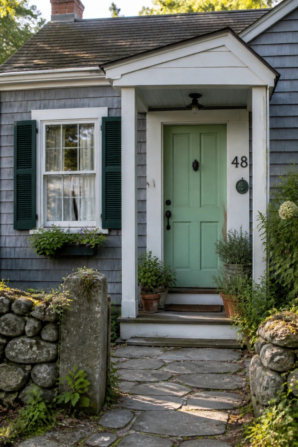 Gray siding covers the exterior of a farmhouse with white trim around the door and windows.