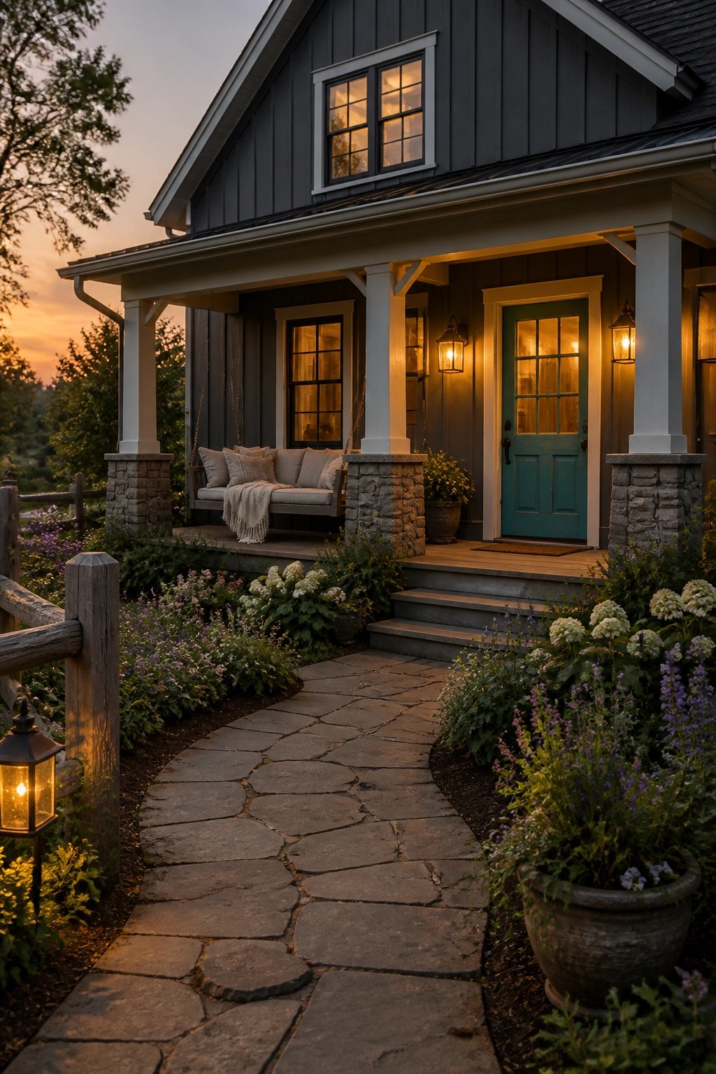 A farmhouse exterior with dark gray siding and white trim.
