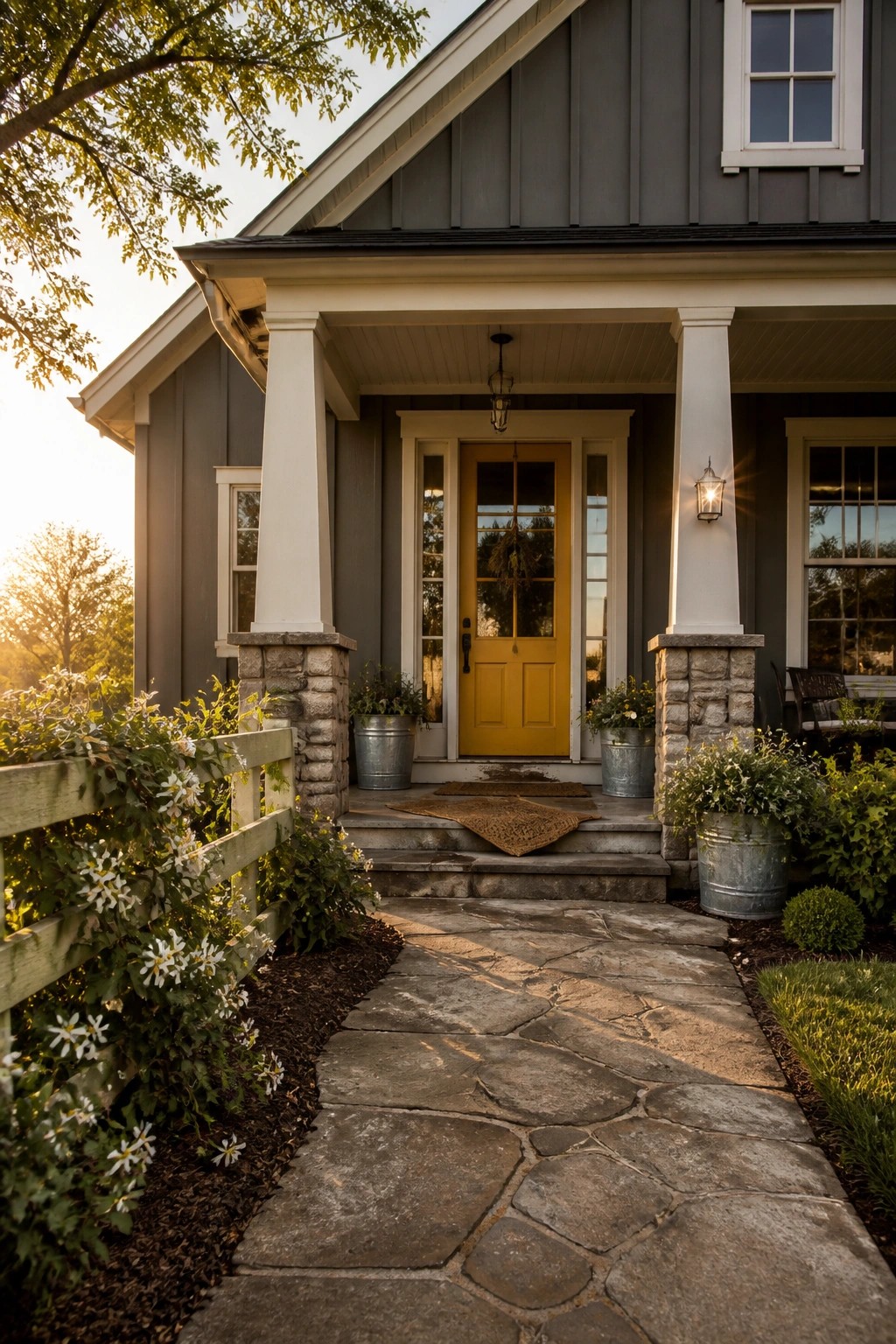 A gray farmhouse exterior with white trim and a stone porch base.