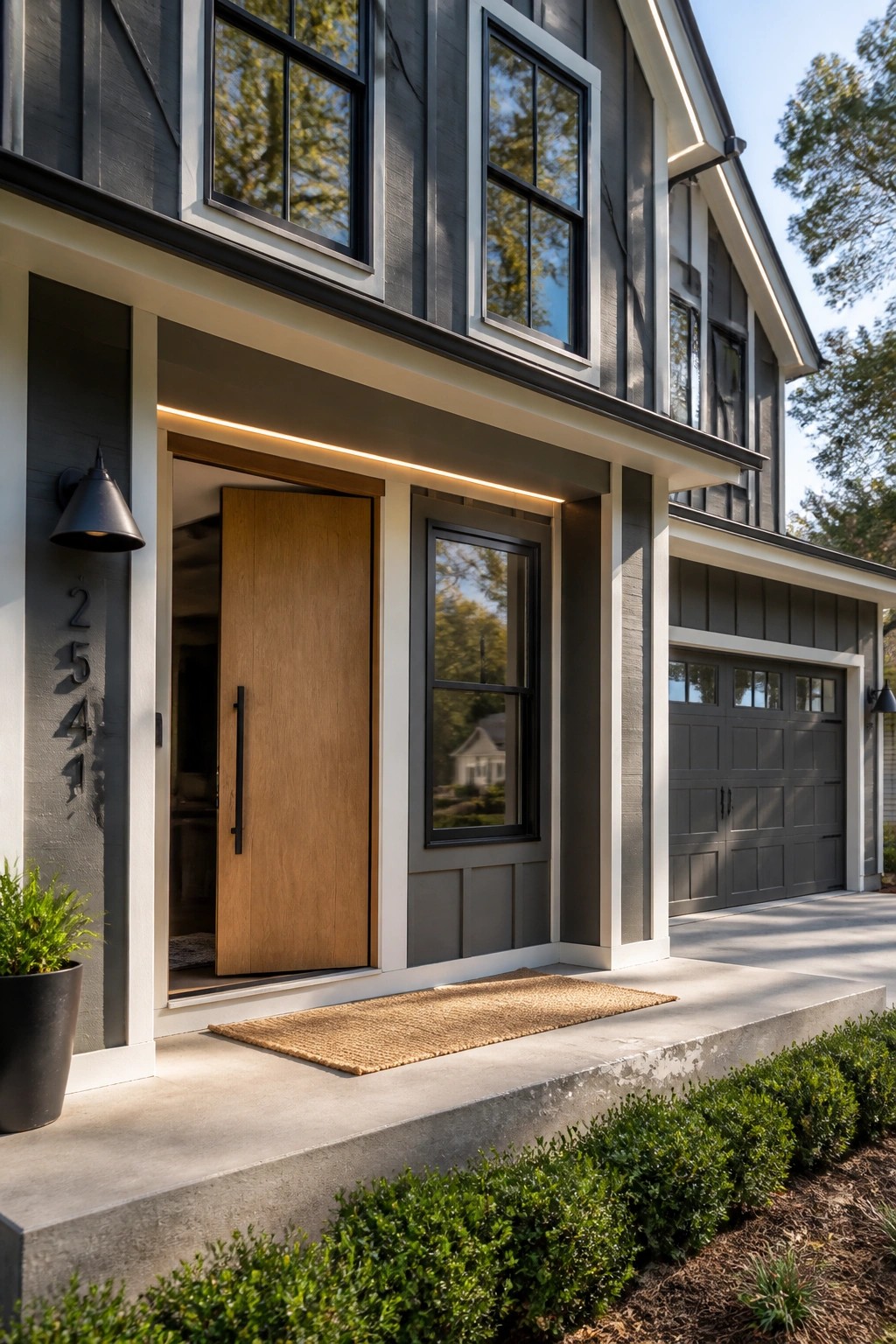 A farmhouse exterior finished in deep gray siding.