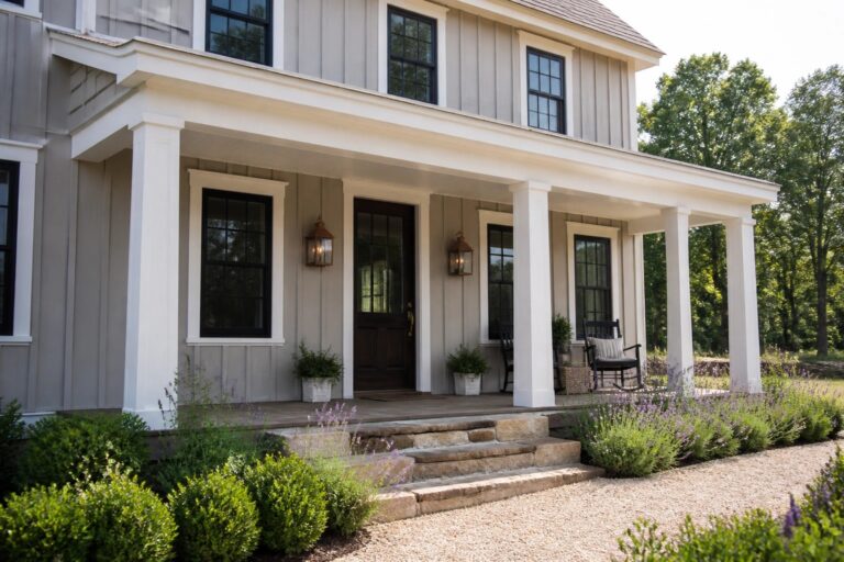19 Gray Farmhouse Exterior Colors That Always Look Polished A house exterior painted in soft light gray siding with white trim and columns.