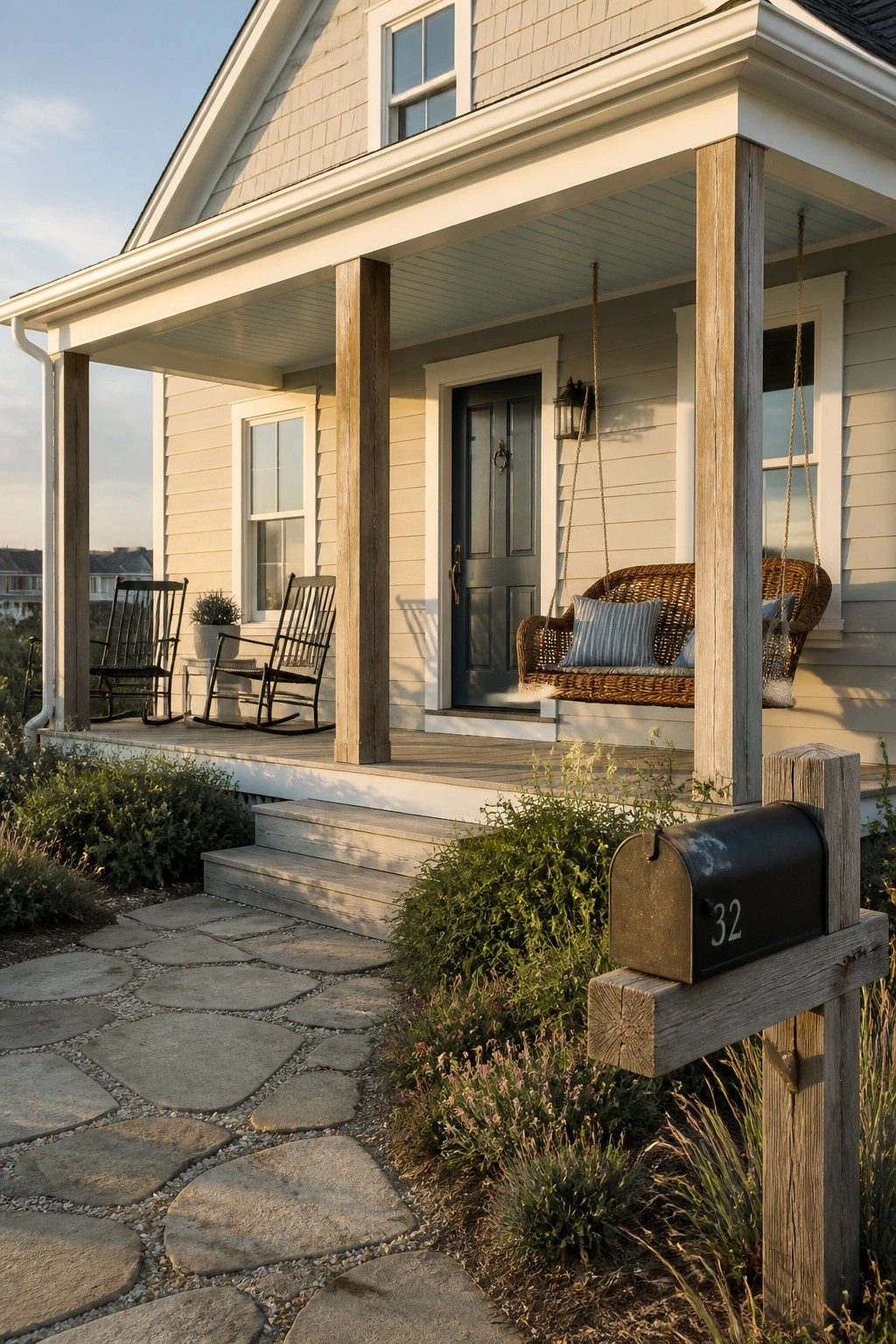 Light gray siding on a farmhouse exterior with a covered porch.