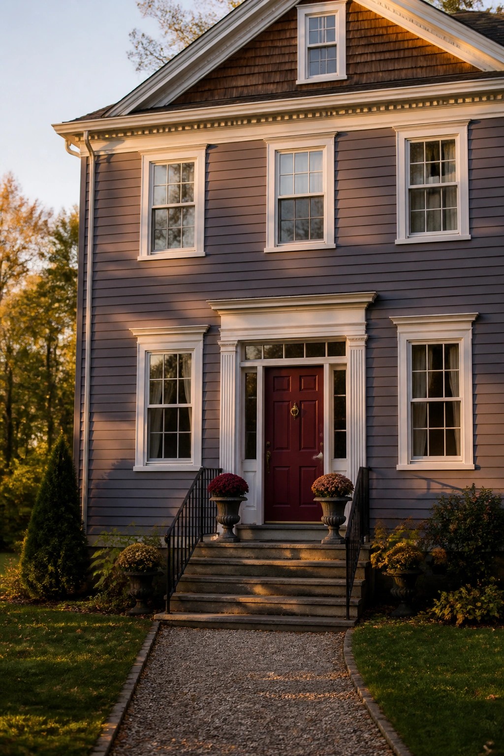 Two-story house with purple siding, red door, white trim, and stone steps