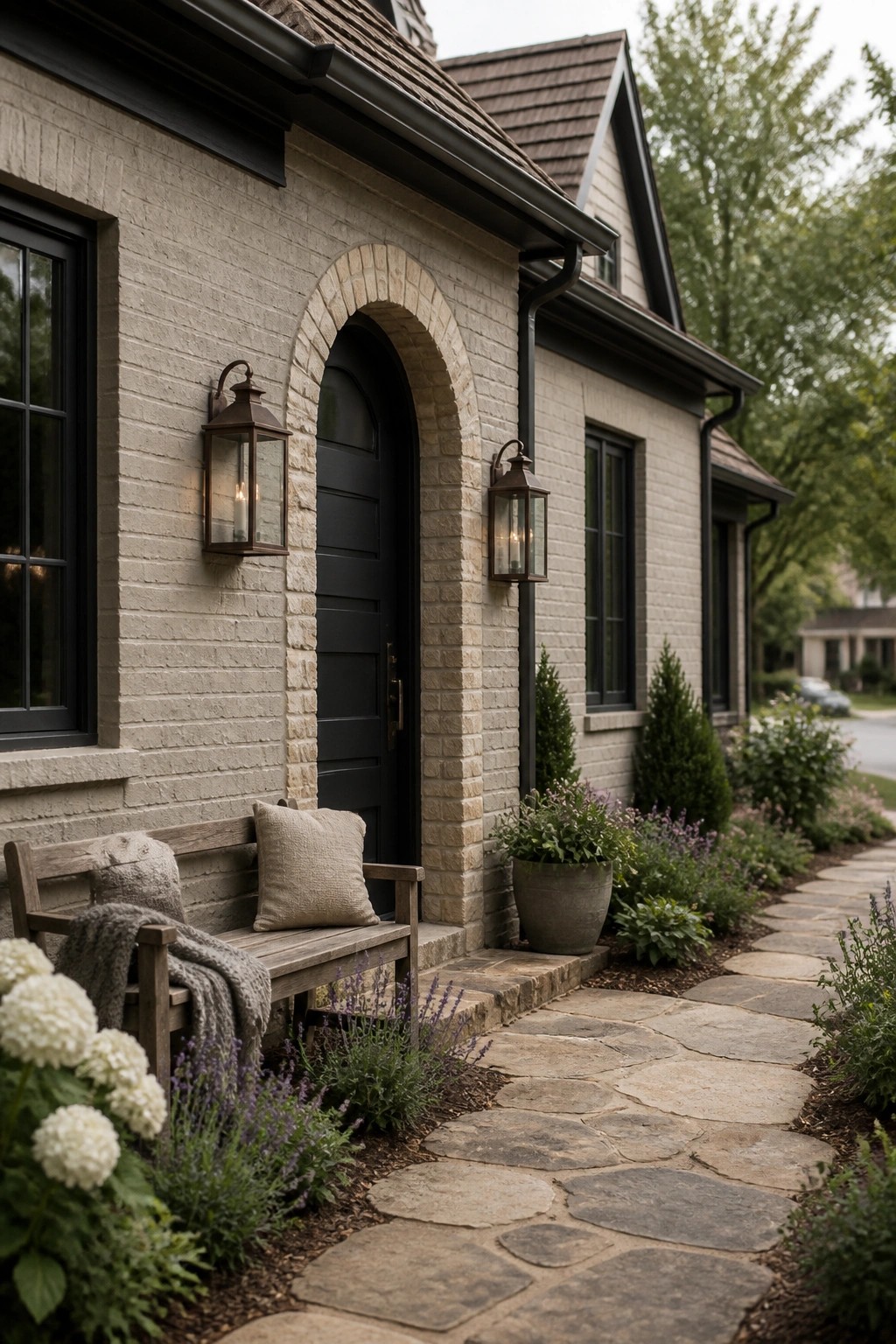 Light gray brick exterior of a farmhouse with dark trim and a stone walkway.