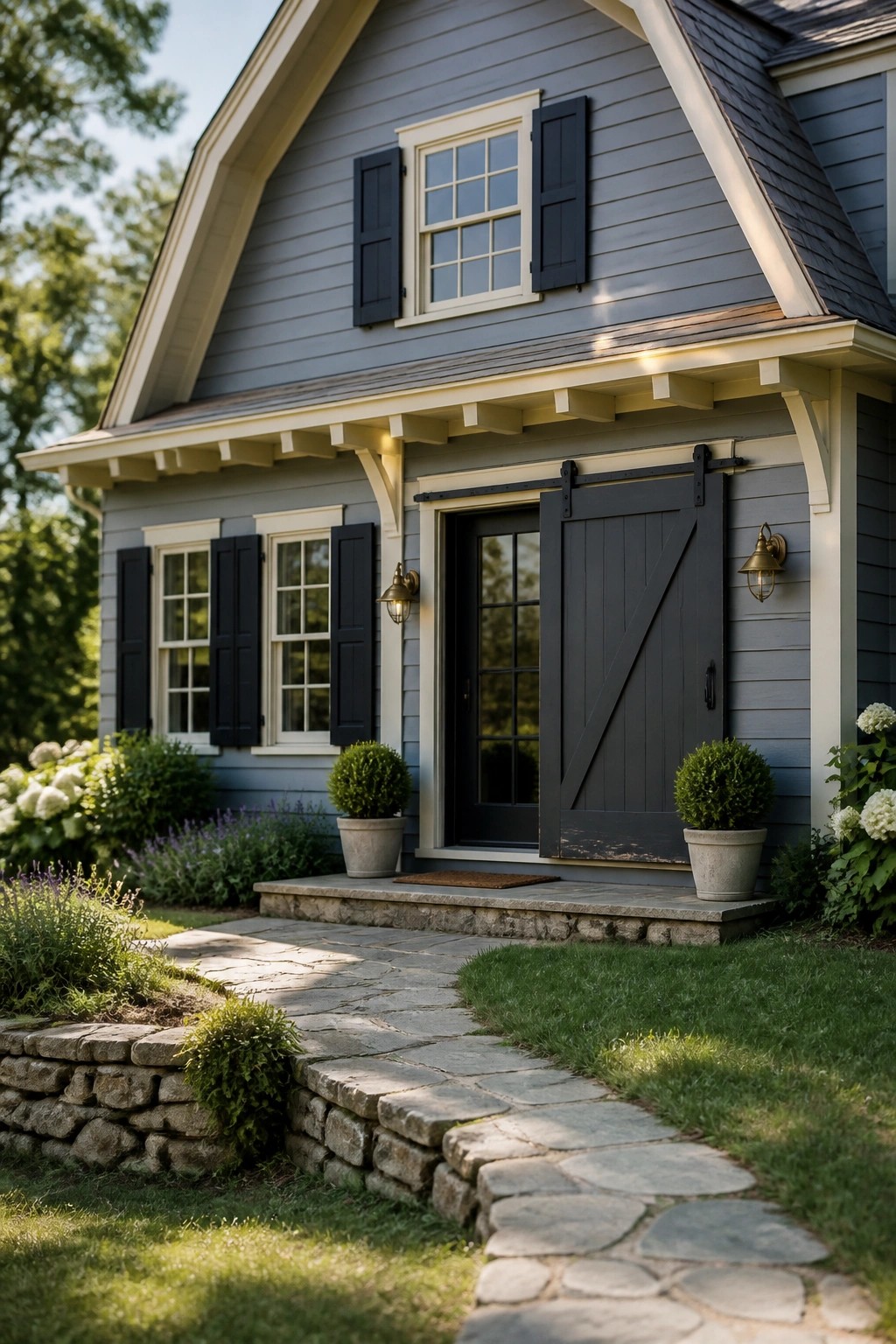 Gray blue farmhouse siding with white trim and stone steps.