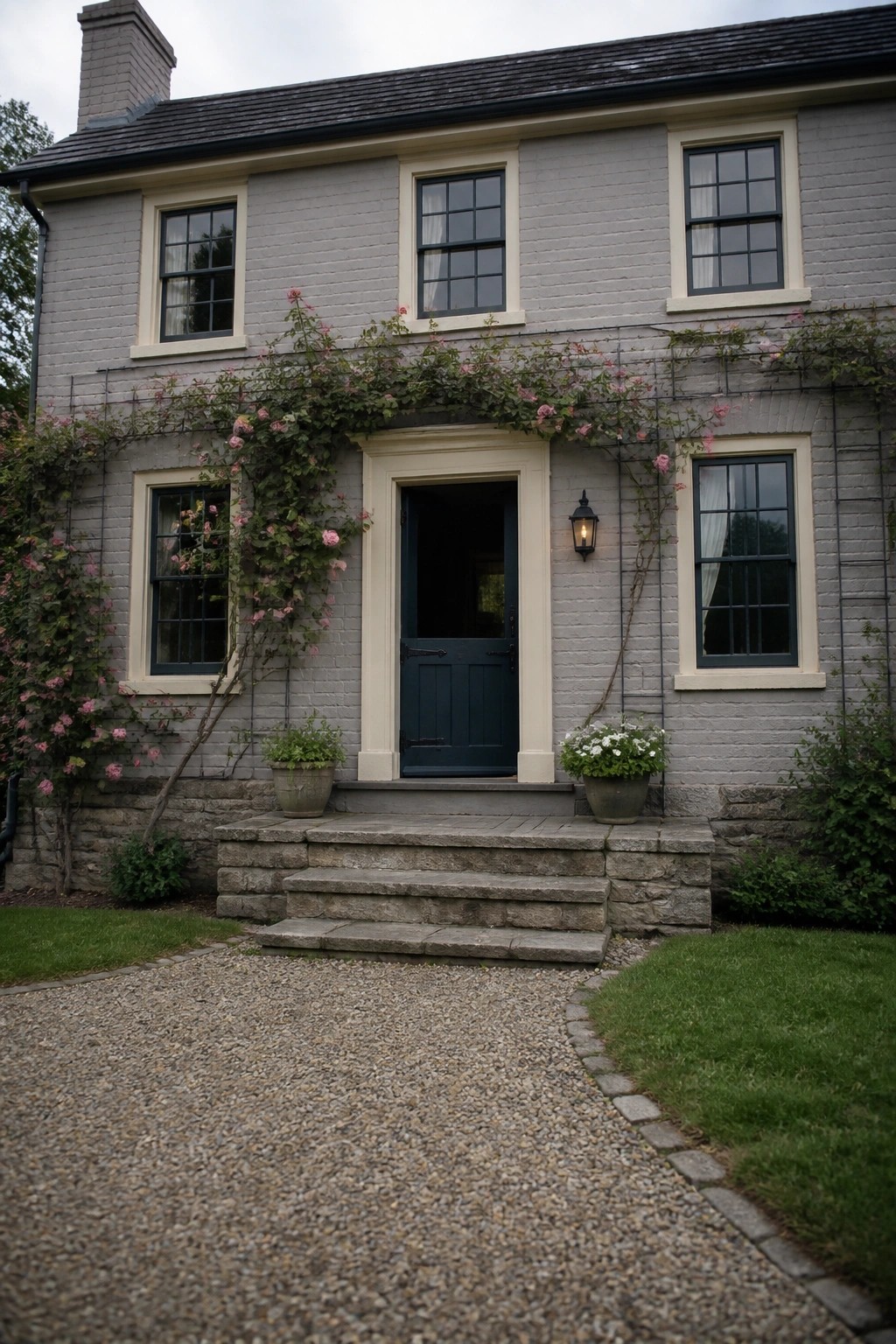 A two-story farmhouse with soft gray painted brick siding and cream trim around the windows and door.